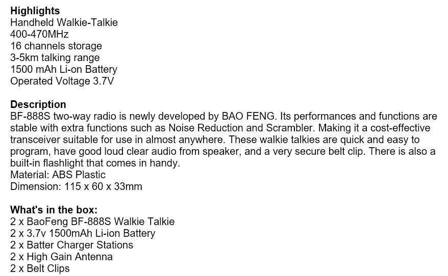2 X Handheld Walkie Talkie Hand Radio Set with 16 Channels, 3 - 5 km talking range etc