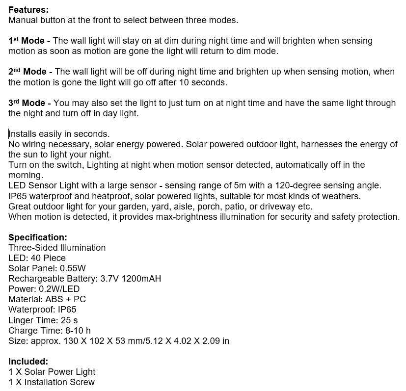 40 LED Solar Power Wall Light, PIR Motion Sensor, Waterproof, Night Sensor & Eco-friendly, 3 Modes