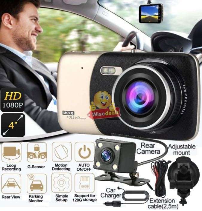 4 Full HD Dual Lens DVR Dashcam, reverse camera, extension cable, G-Sensor, Night Vision, Loop Reco