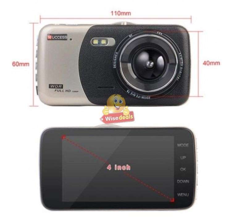 4 Full HD Dual Lens DVR Dashcam, reverse camera, extension cable, G-Sensor, Night Vision, Loop Reco