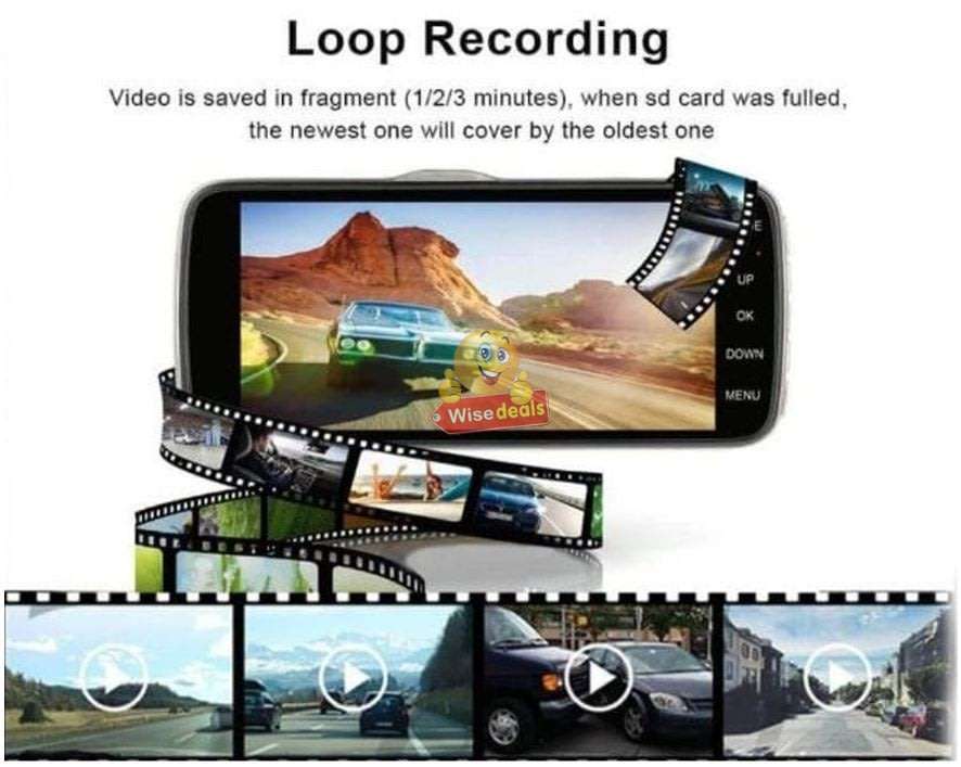 4 Full HD Dual Lens DVR Dashcam, reverse camera, extension cable, G-Sensor, Night Vision, Loop Reco