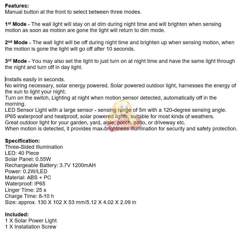 40 LED Solar Power Wall Light, PIR Motion Sensor, Waterproof, Night Sensor & Eco-friendly, 3 Modes