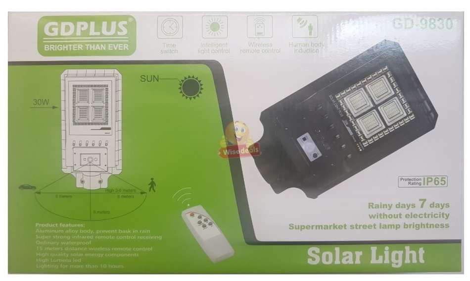 30W LED Solar Street Light with 3 Lightening Modes, LED Battery Indicator Lights & Remote Control
