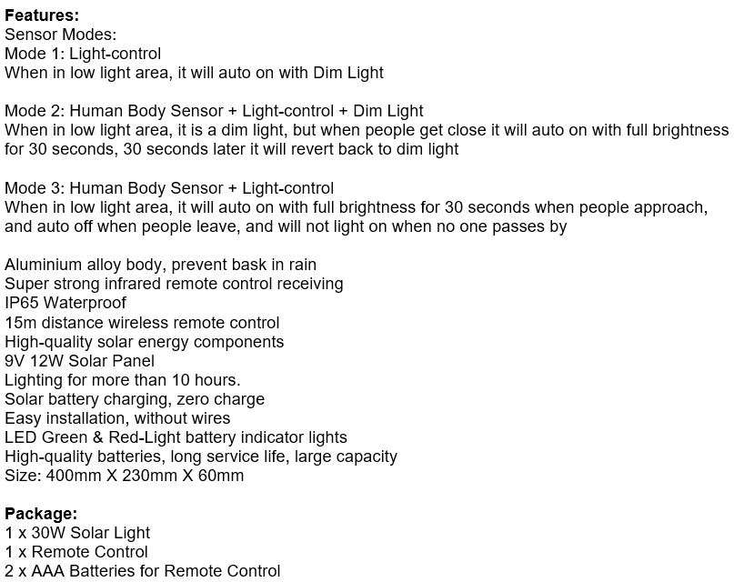 30W LED Solar Street Light with 3 Lightening Modes, LED Battery Indicator Lights & Remote Control