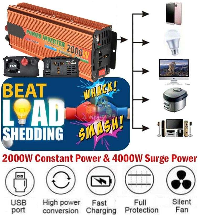Solar Power Inverter - 2000W Constant Power & 4000W Surge Power, Convert 12V DC to 220V AC