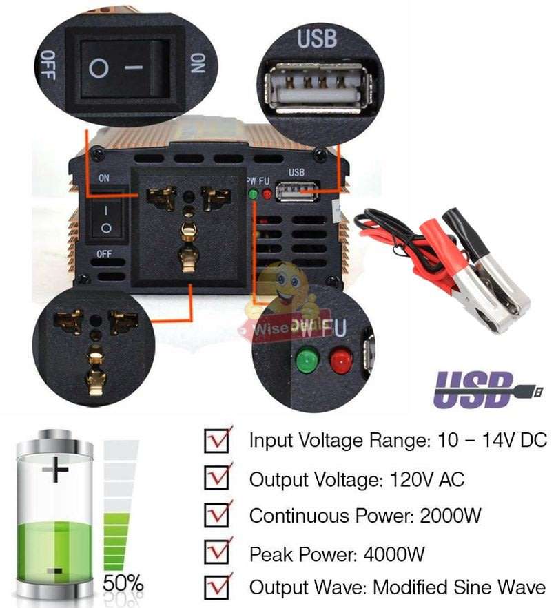 Solar Power Inverter - 2000W Constant Power & 4000W Surge Power, Convert 12V DC to 220V AC