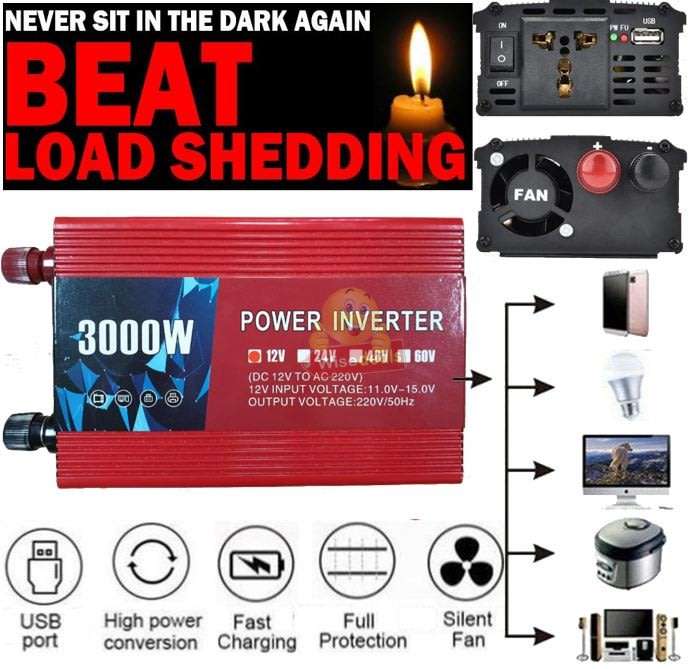 Solar Power Inverter  3000W Constant Power & 6000W Surge Power, Convert 12V DC to 220V AC