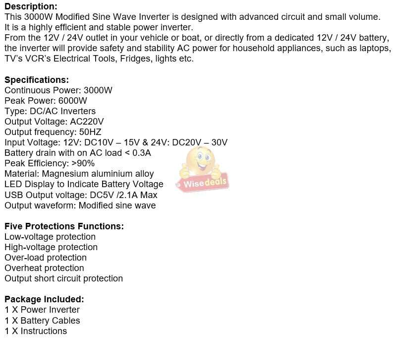 Solar Power Inverter  3000W Constant Power & 6000W Surge Power, Convert 12V DC to 220V AC