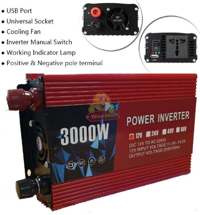 Solar Power Inverter  3000W Constant Power & 6000W Surge Power, Convert 12V DC to 220V AC
