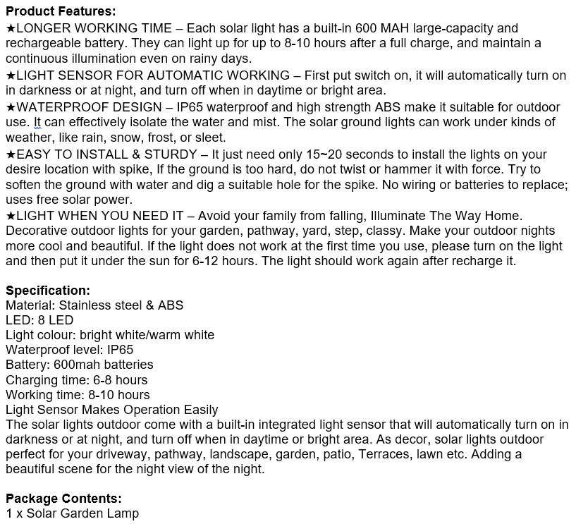 Outdoor Solar Ground Light, Waterproof, Light Sensor, Perfect for Driveway, Pathway, Garden, Patio,