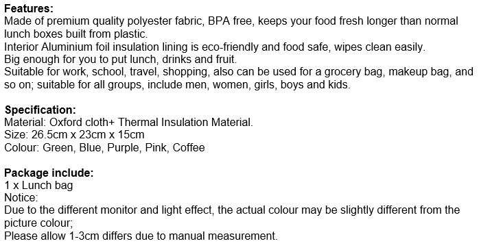 Aluminium Insulation Lining Lunch Bag, BPA Free and Keep Food Fresh for Longer