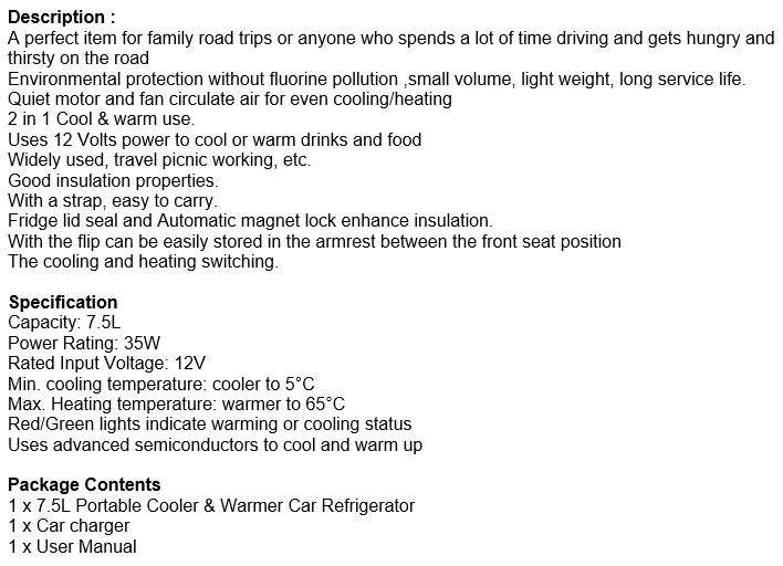 7.5L 12V Cool & Warm Car Freezer, Ideal for Road Trips, Camping, Picnic and more