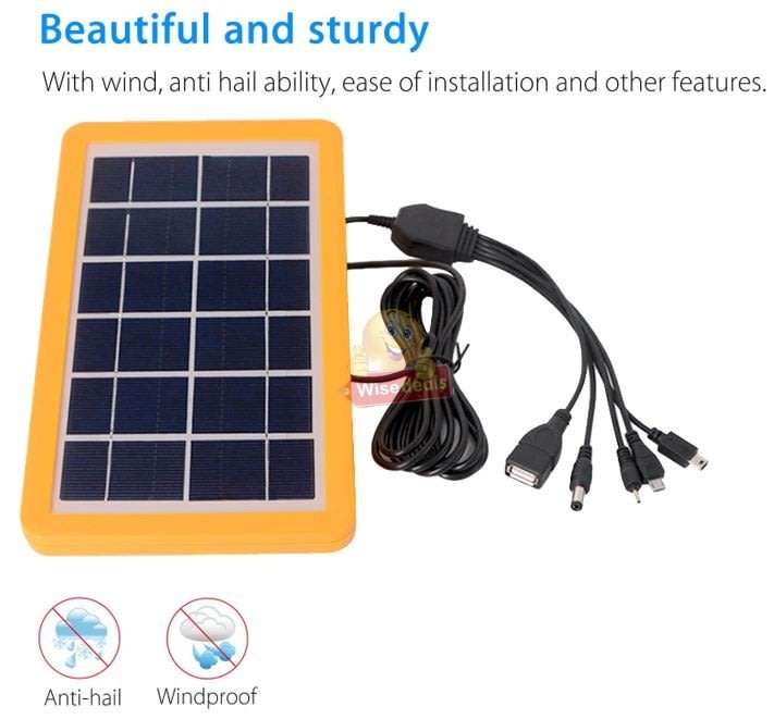 6V Solar Panel with Multi-Function Charging Point Cable for Charging of Devices, Light, Phones etc