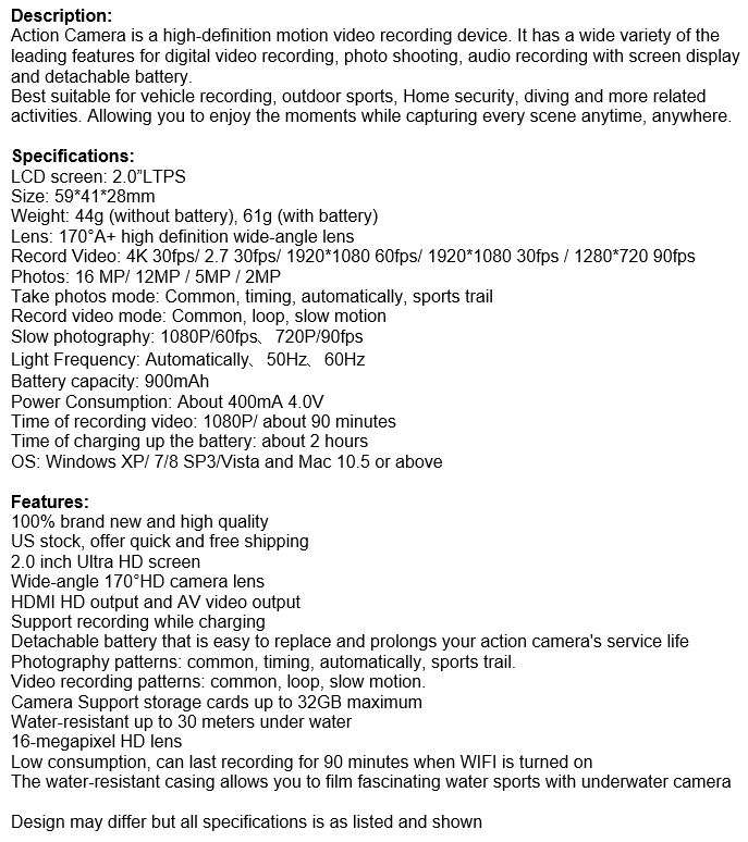 Ultra HD 4K Waterproof WIFI Sport Action Camera, 170° View, 16MP etc.