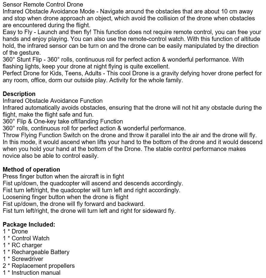 Sensor Gravity Remote Watch or Gesture Control Drone with Infrared Obstacle Avoidance Mode and more