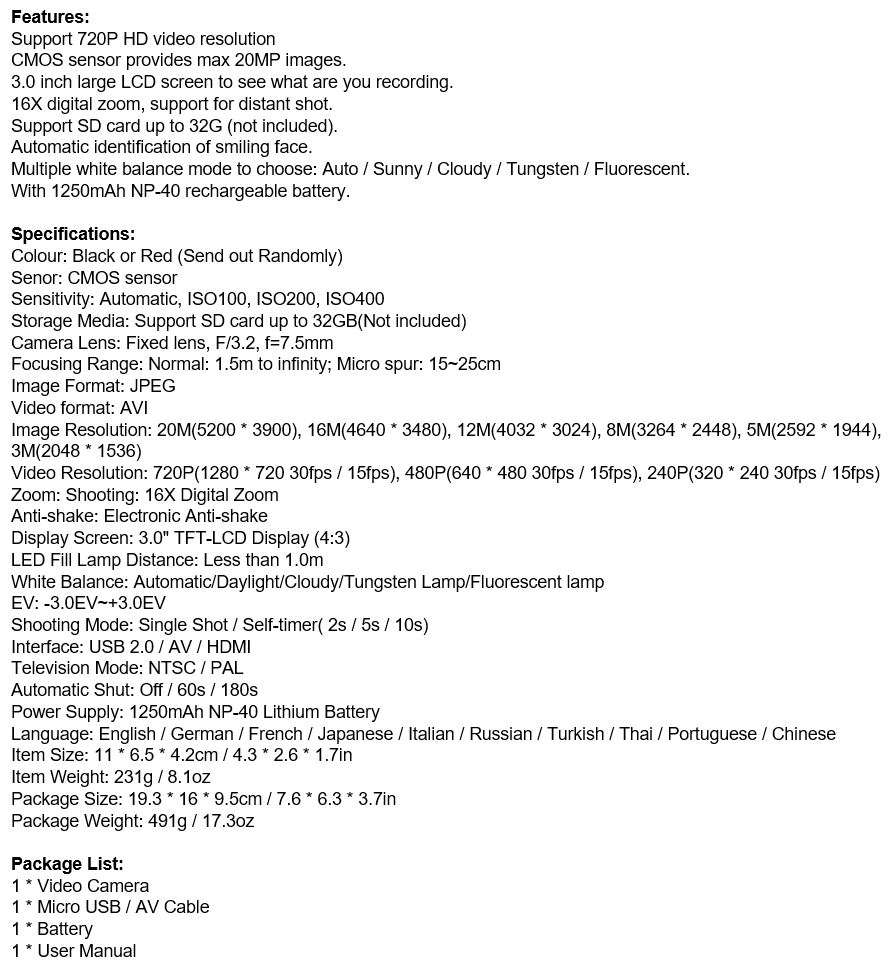 HD Digital Video Camcorder, 3.0 Inch LCD Screen, 20MP, 16X Zoom, Anti-shake, Support SD Card