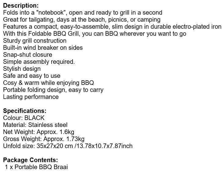 Portable BBQ Braai, Folds into a carry case, open and ready to grill in seconds