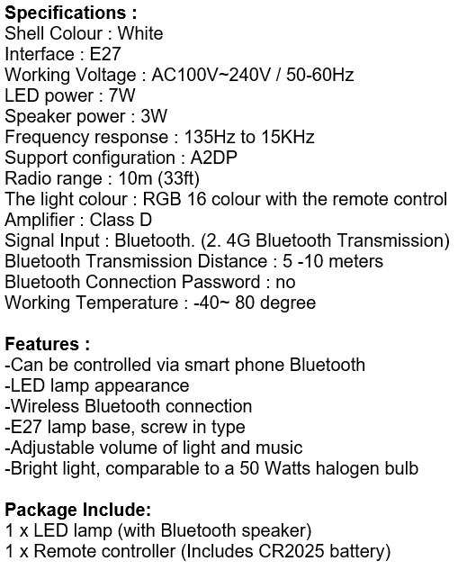 Bluetooth LED Music Bulb Light, 16 Colours with Remote Control, Adjustable volume of Light & Music