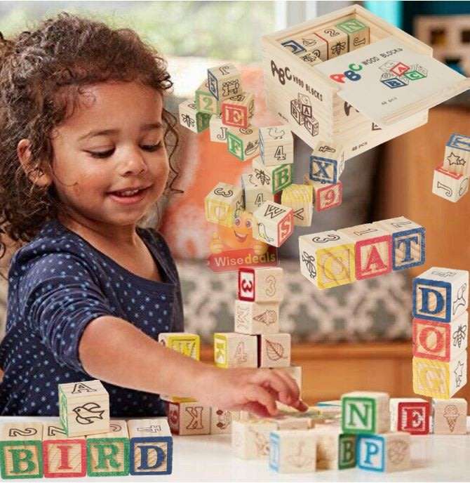 48 PC Wooden Block Set help kids learn counting, letters, colours, grouping, stacking, sorting etc.