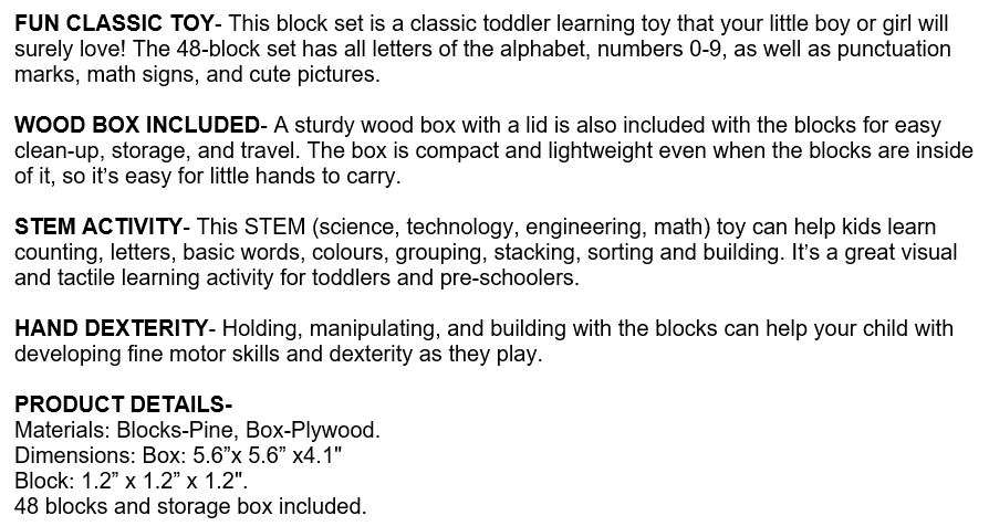 48 PC Wooden Block Set help kids learn counting, letters, colours, grouping, stacking, sorting etc.