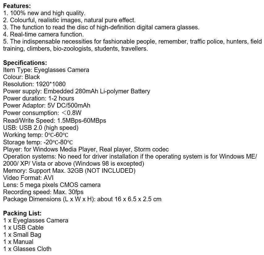 1080P HD Eyeglasses Camera, Support SD Card, Take photos or Videos