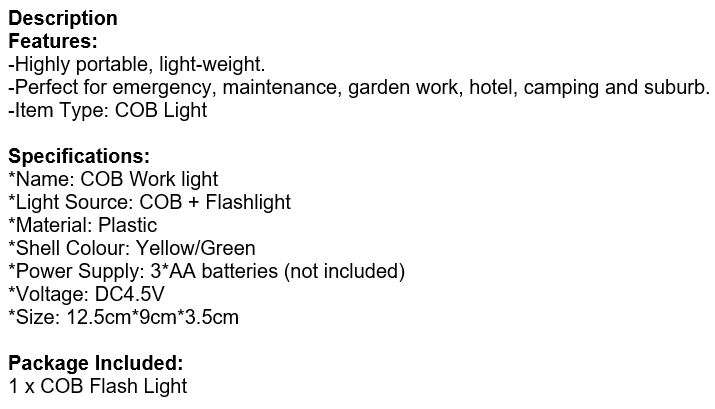 COB Flash Light with Side Light, Perfect for Camping, Maintenance, Emergency and more