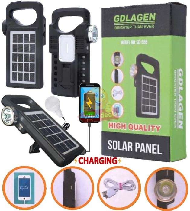 Solar Panel with Build-in Flash Light and Side Light, Support Phone Charging, Lights etc.
