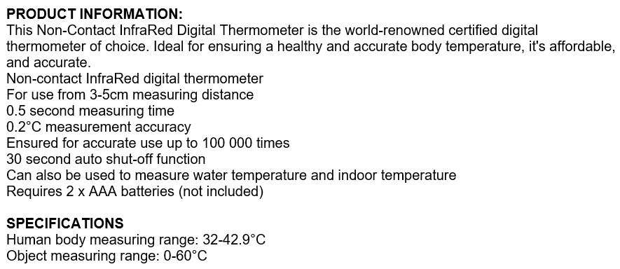 Non-Contact Infrared Digital Thermometer  One Second Rapid and Accurate Measurement