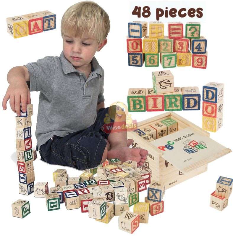 48 PC Wooden Block Set help kids learn count, letters, colours, grouping, stacking, sorting etc.