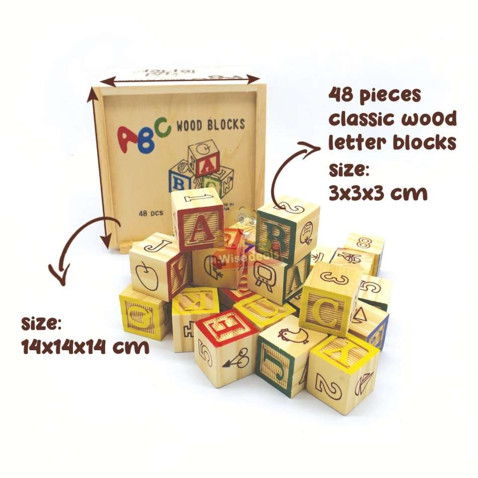 48 PC Wooden Block Set help kids learn count, letters, colours, grouping, stacking, sorting etc.