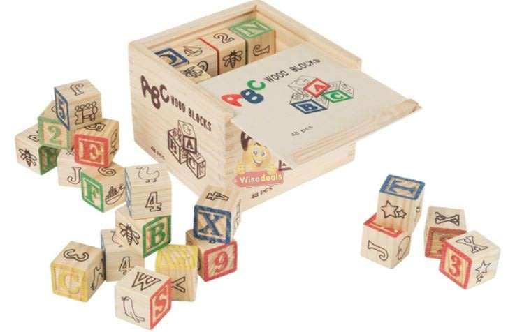 48 PC Wooden Block Set help kids learn count, letters, colours, grouping, stacking, sorting etc.