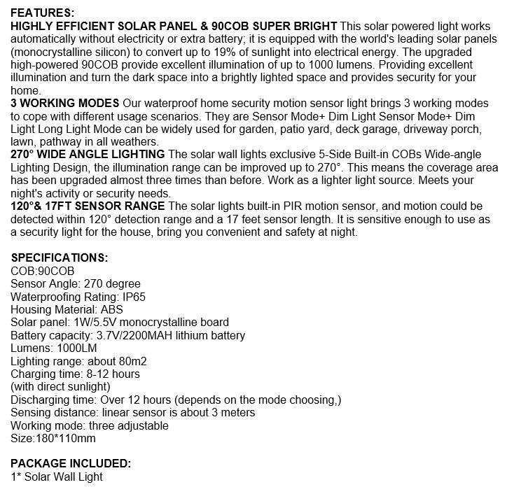 NEW Super Bright 90 COB SOLAR Wall Light, Waterproof, 3 Working Modes, 270°, 1000LM