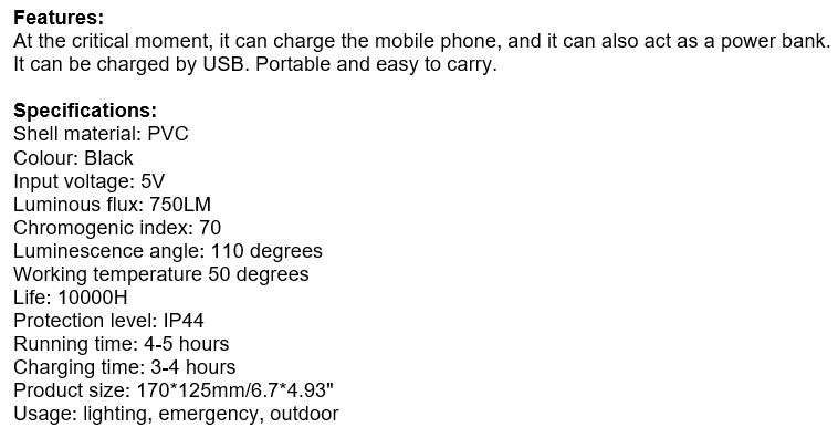 Portable Super Bright COB Working Lamp, use as Power bank to charge phones, Support USB etc