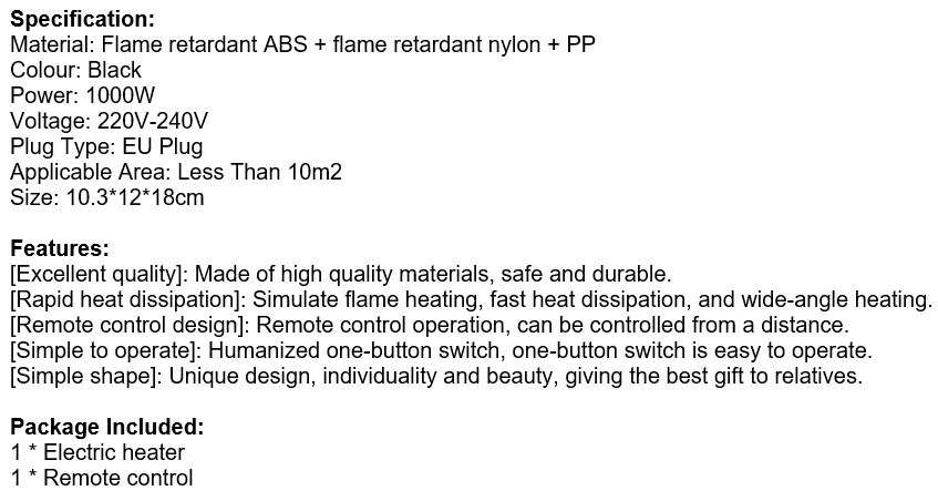 Remote Control Flame Heater, 1000W, Rapid Heat Dissipation, Easy to operate