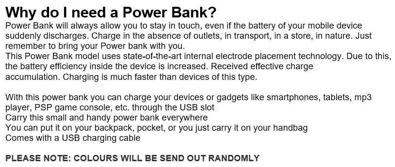 3600mAh Redro Power Bank with USB Cable for Charging of Devices