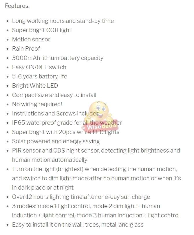 Super Bright COB & 20 LED SOLAR Wall Light with 3 Modes and 3000mAh Battery