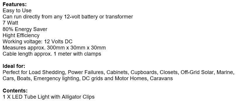 12V DC High Power LED Tube Light with Alligator Clamps
