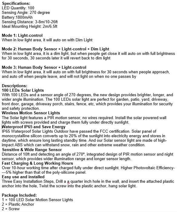 100 LED Super Bright Solar Wall Light, Motion Sensor with 3 Modes, Waterproof & Eco-friendly