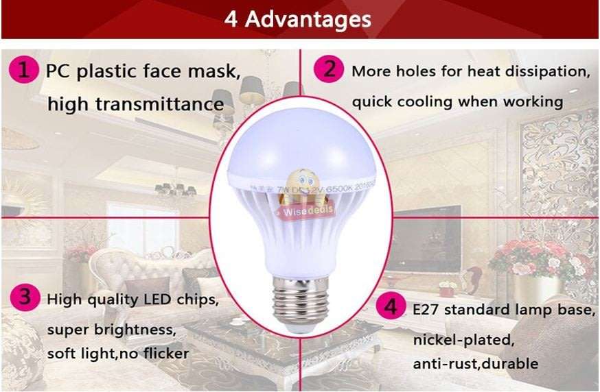 DC 12V E27 7W High Power Light Bulb with Adapter, Wire & Crocodile Clamps