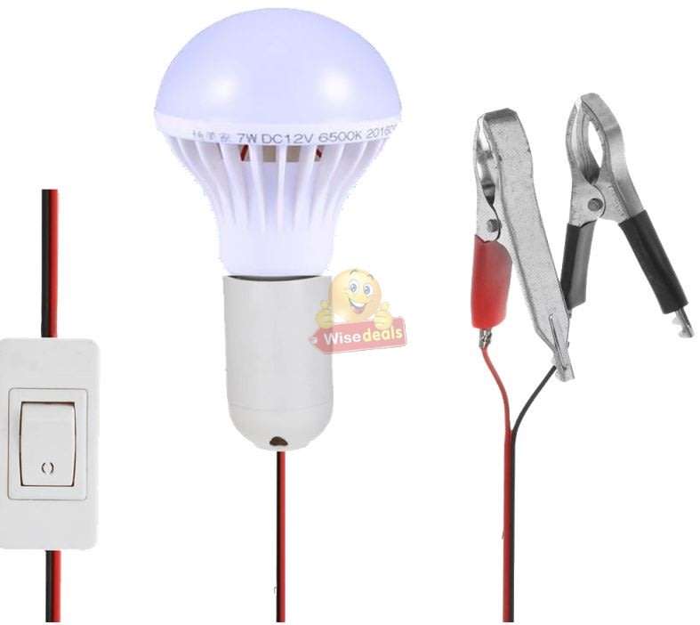 DC 12V E27 7W High Power Light Bulb with Adapter, Wire & Crocodile Clamps