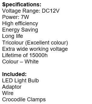 DC 12V E27 7W High Power Light Bulb with Adapter, Wire & Crocodile Clamps