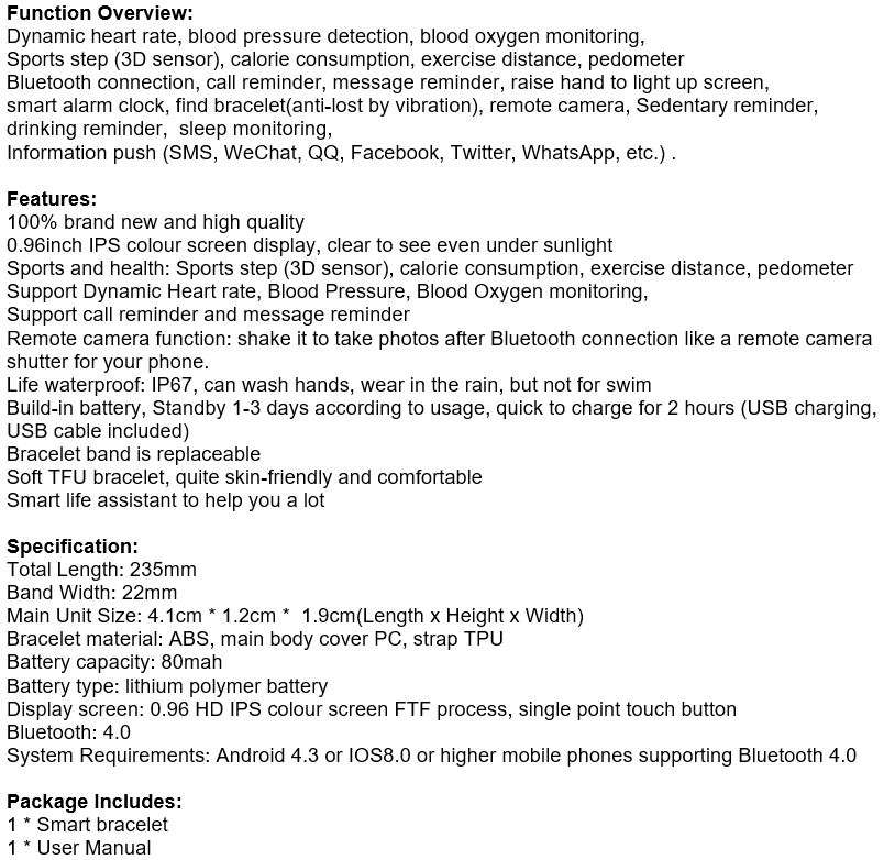 Bluetooth Health Smart Watch - Monitor Heart Rate, Blood Pressure, Blood Oxygen, Calorie, Distance