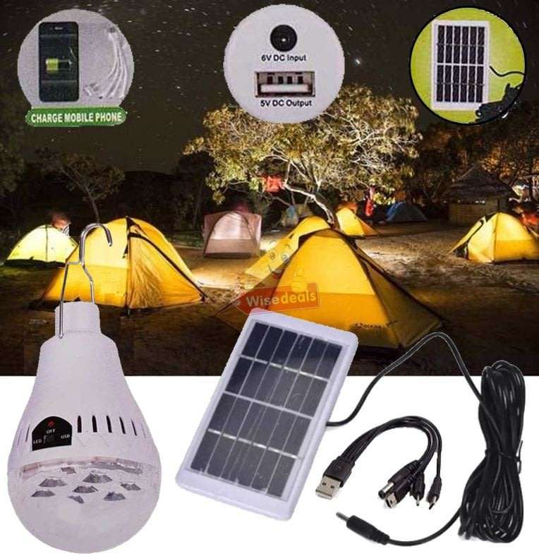 LED SOLAR Light Bulb with Solar Panel & Multifunctional Charging Cable to Charge Devices