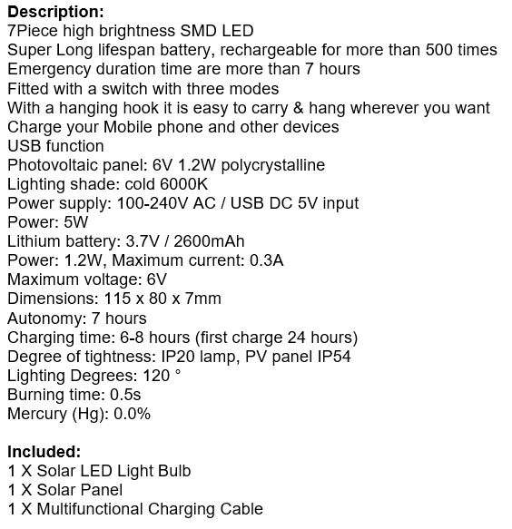 LED SOLAR Light Bulb with Solar Panel & Multifunctional Charging Cable to Charge Devices