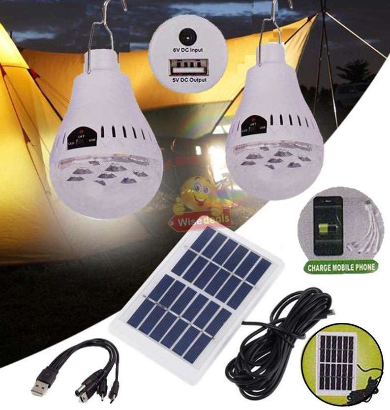 LED SOLAR Light Bulb with Solar Panel & Multifunctional Charging Cable to Charge Devices