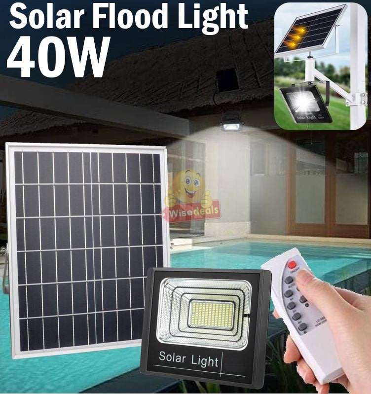40W LED SOLAR Flood Light with Remote Control, Solar Panel, 5m Cable, Waterproof & 1050 Lumens