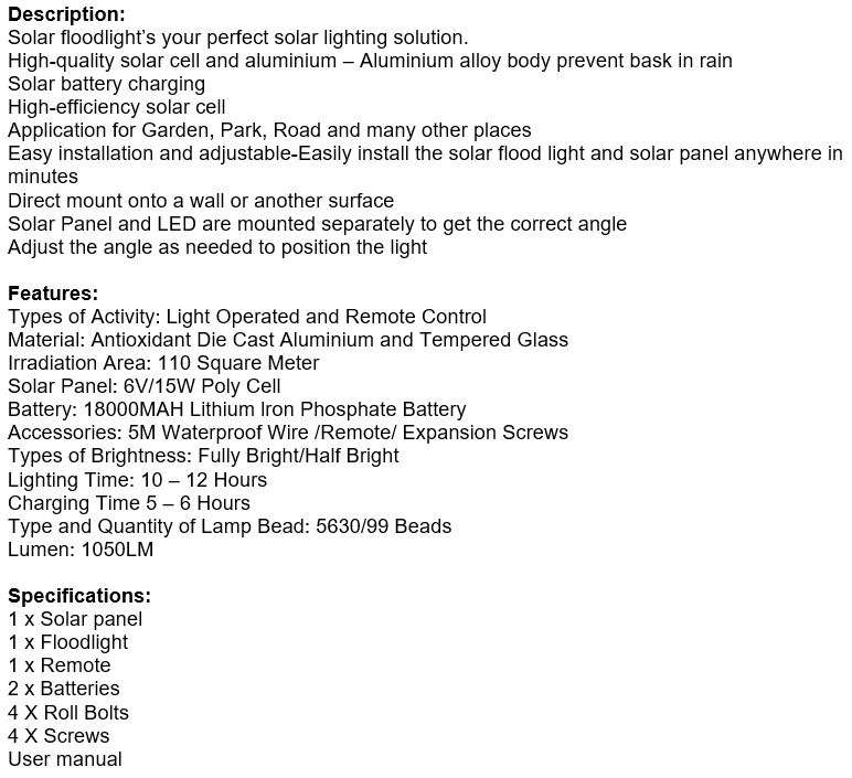40W LED SOLAR Flood Light with Remote Control, Solar Panel, 5m Cable, Waterproof & 1050 Lumens
