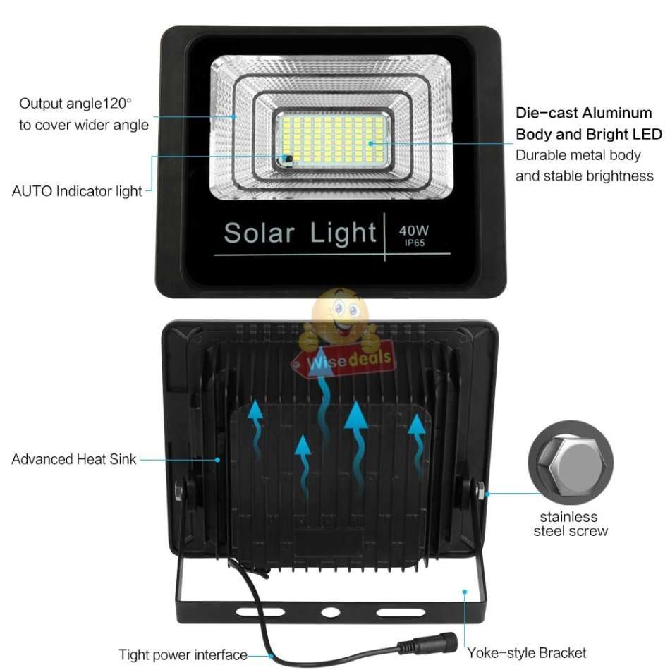 40W LED SOLAR Flood Light with Remote Control, Solar Panel, 5m Cable, Waterproof & 1050 Lumens