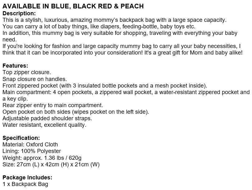 Large Capacity Baby Backpack Bag with insulated bottle pockets