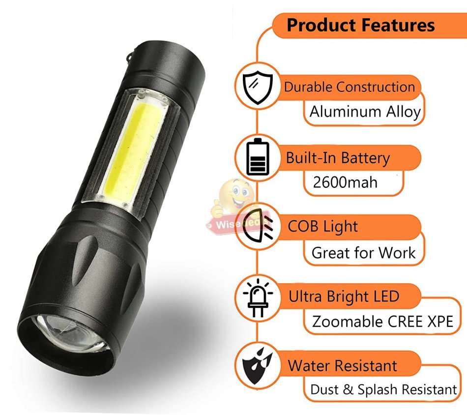 Mini USB LED Rechargeable Flashlight compact in box with 3 modes